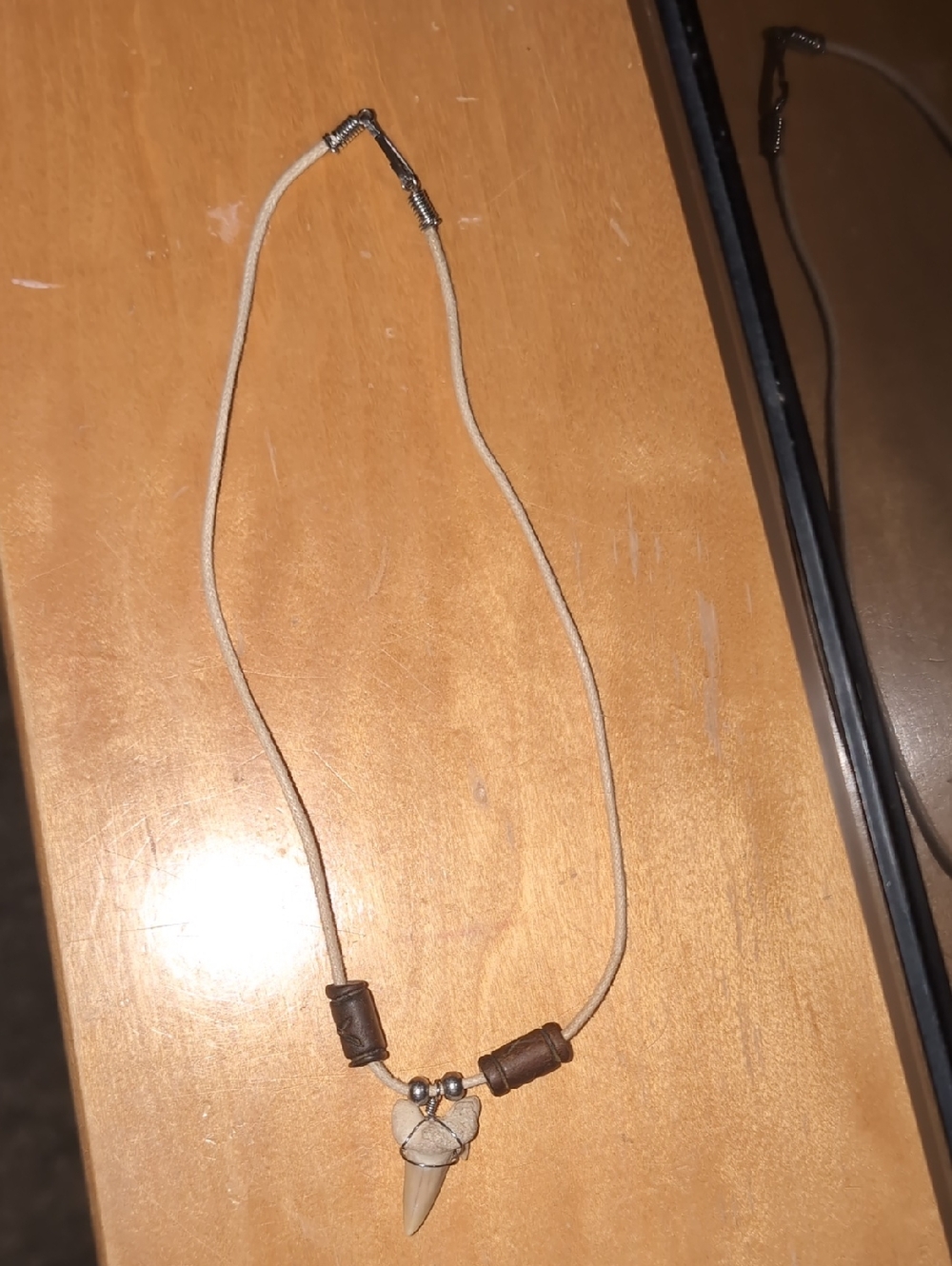 Beige Cord Necklace with Real Shark Tooth Pendant and Wooden Accents
